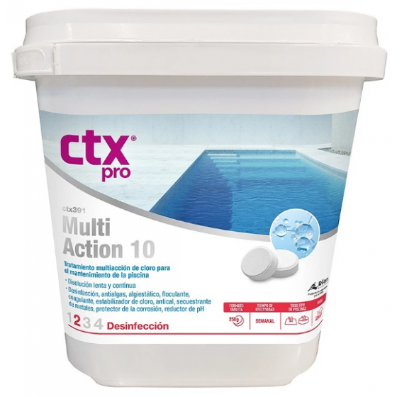 Chlore 10 actions en galet 250 gr CTX 391 sans sulfate de cuivre - bidon 5 kg -